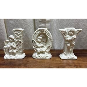 Vintage JOY Candle Holder Set By Crown Accents Angel Cherub Design Gold Accents